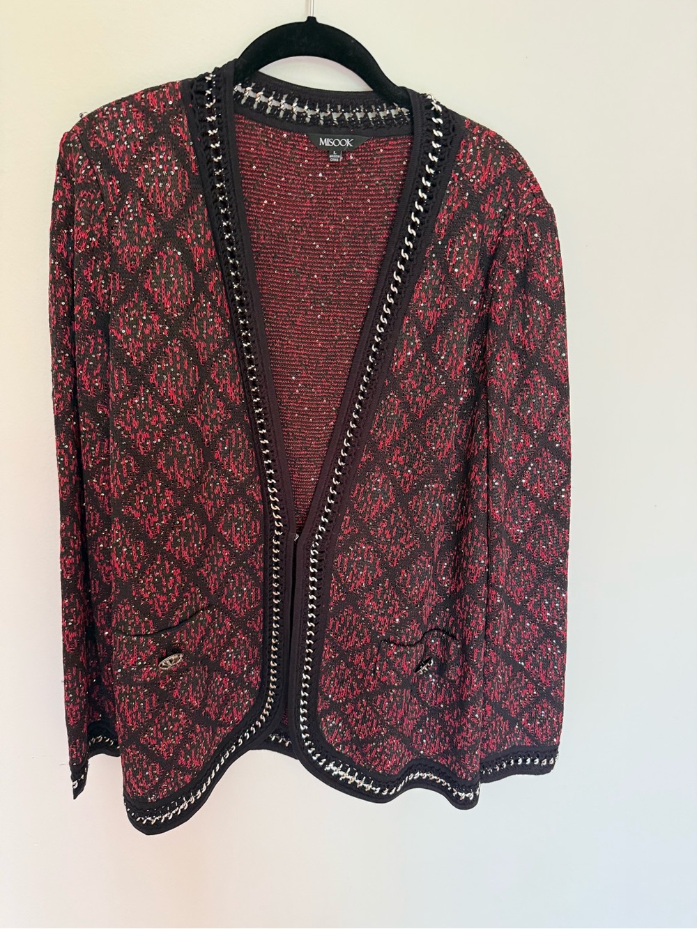 MISOOK Black & Red Patterned Open-Front Cardigan Size L
